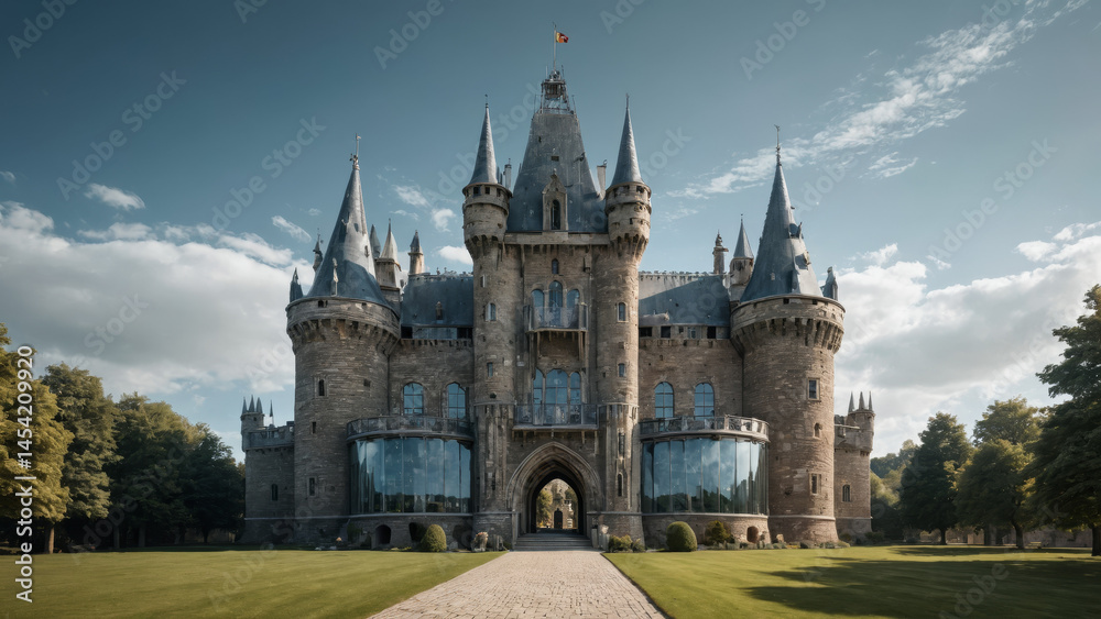Medieval Castle with Futuristic Glass Towers Surreal Landscape Ancient Stone Fortress Blended with Modern Transparent Skyscrapers Fantasy Hybrid Architecture Unique Structure Combining Historic Castle Medieval Castle with Futuristic Glass Towers Surreal Landscape Ancient Stone Fortress Blended with Modern Transparent Skyscrapers Fantasy Hybrid Architecture Unique Structure Combining Historic Castle