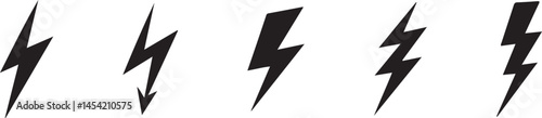 Set of minimalist black lightning bolt vector icons with varied styles, symbolizing energy, power, or electricity