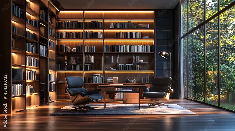 Modern home office design with bookshelf lighting and large window interior architecture rendering Modern home office design with bookshelf lighting and large window interior architecture rendering