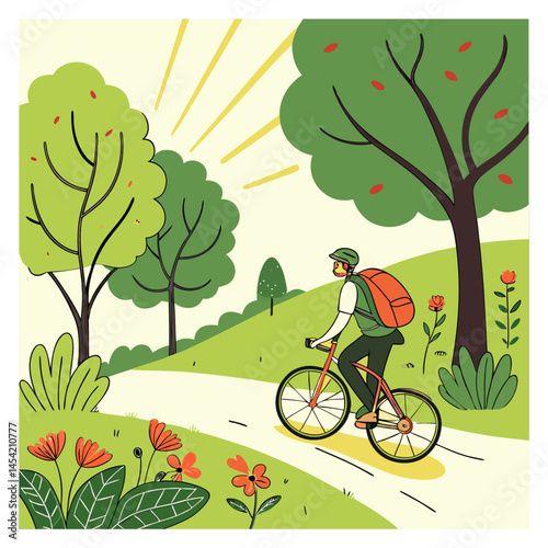 Flat human illustration of a man riding a bicycle with a backpack through a sunny park lane