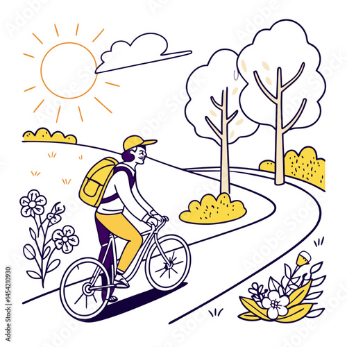 Flat human illustration of a man riding a bicycle with a backpack through a sunny park lane