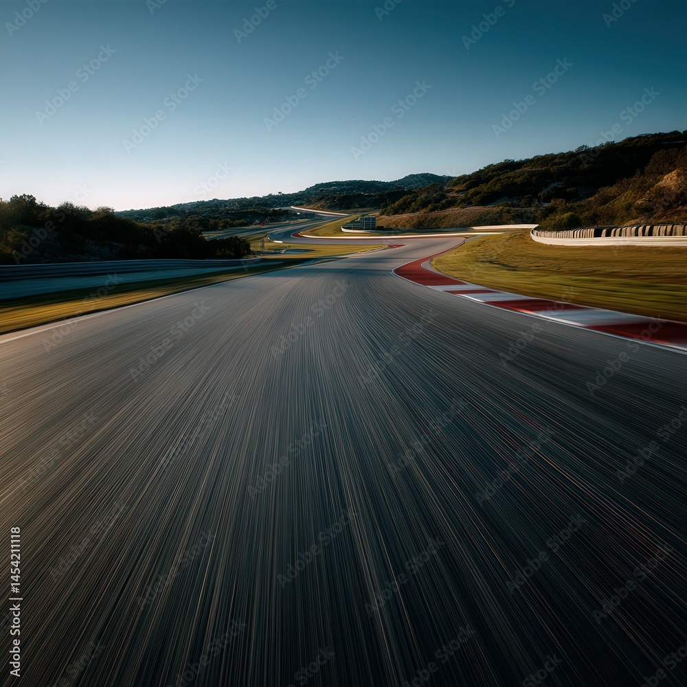 Naklejka premium Racing track curves through hilly landscape at sunset