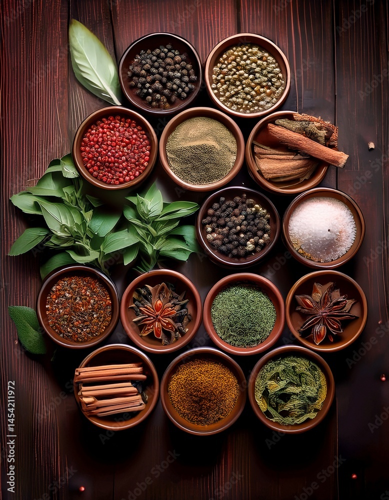 down view of assorted herbs and spices arranged in ceramic bowls 