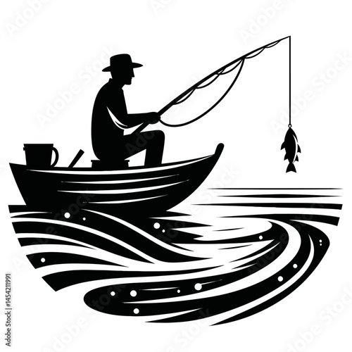 Black silhouette of angler fishing on white background logotype