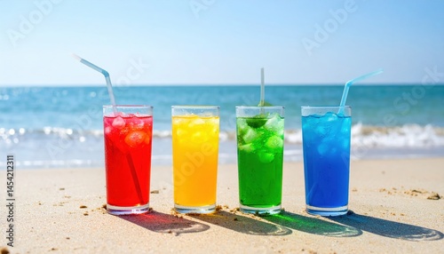 Refreshing summer drinks on a sunny beach with waves lapping at the shore