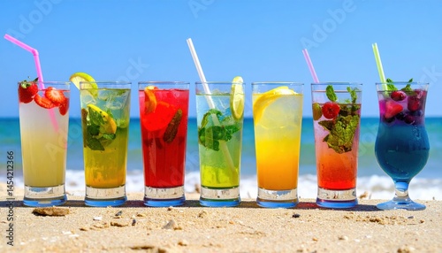 Colorful drinks lined up on a sandy beach with ocean backdrop during a sunny day