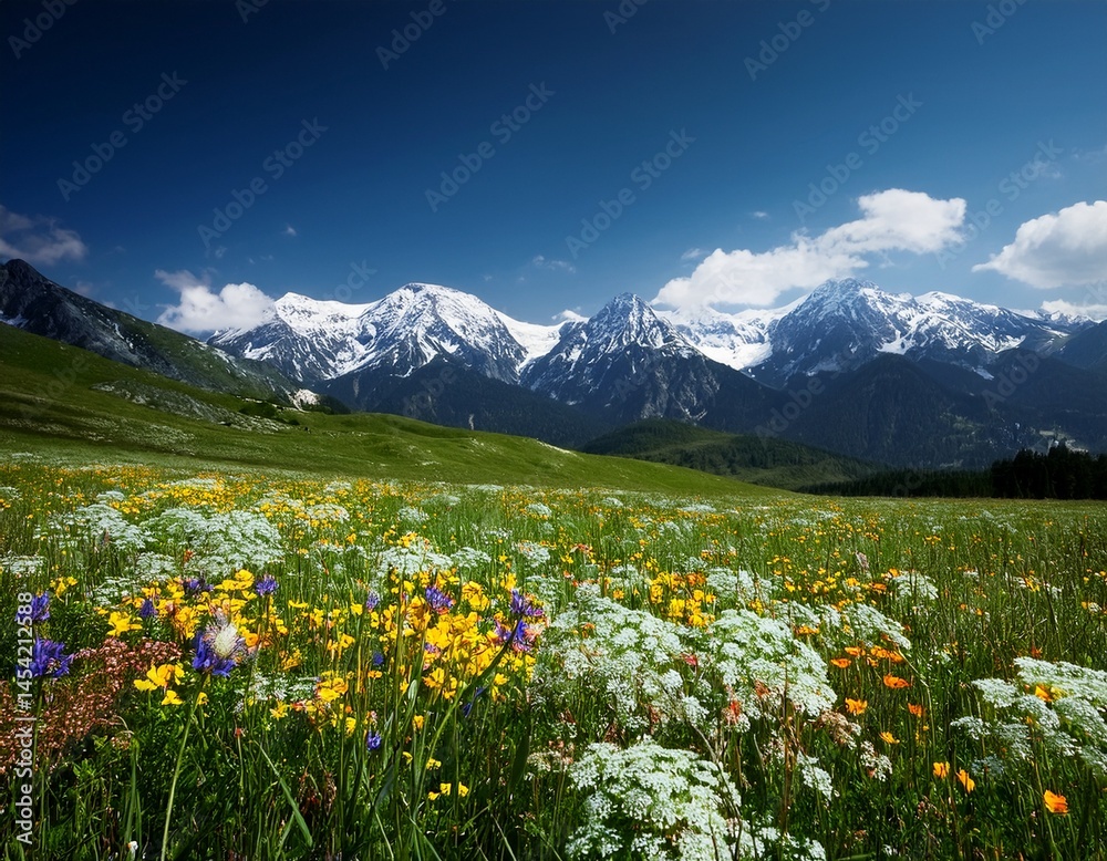 Fototapeta premium wildflower-covered meadow with distant snow-capped 