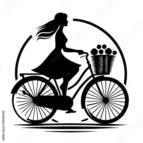 Black silhouette of a woman riding bicycle with basket logotype