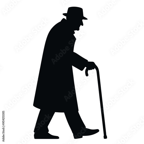 Black silhouette of senior man with walking cane on white background logo