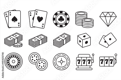 Gambling and Casino Icon Set Featuring Dice, Cards, Chips, and More
