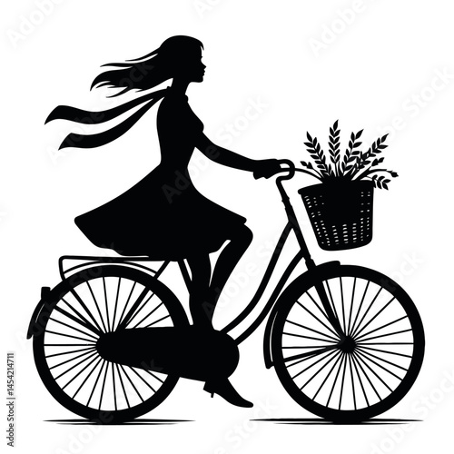 Black silhouette of a woman riding bicycle with basket vector logo