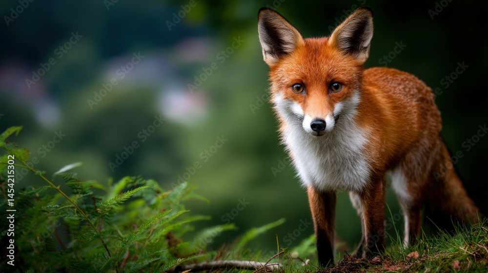 Fototapeta premium Wild fox standing elegantly in a lush green forest setting