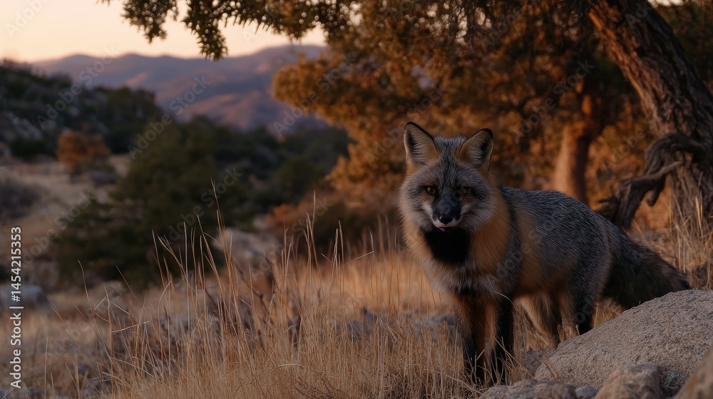 Naklejka premium Wild fox in golden light during sunset in mountainous landscape