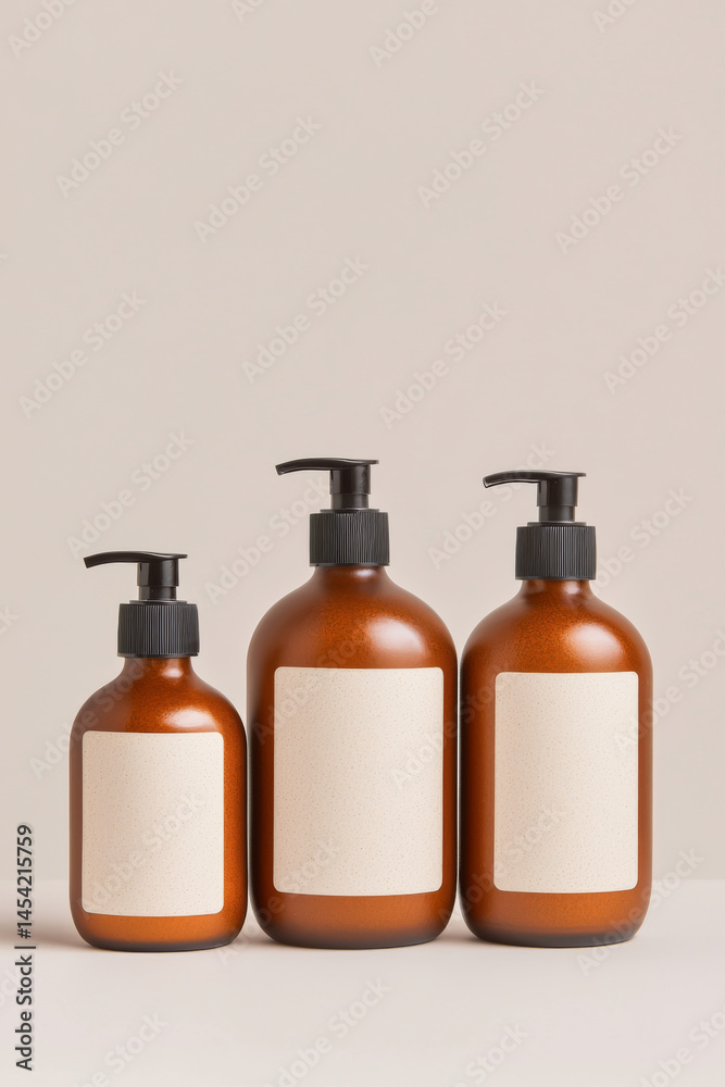 Three elegant amber bottles with blank labels on a minimalist background. Three elegant amber bottles with blank labels on a minimalist background.