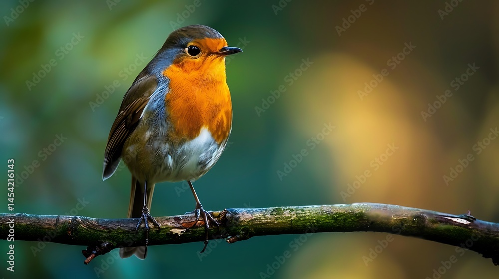 Fototapeta premium Vibrant European Robin Perched on Branch displaying its colorful plumage