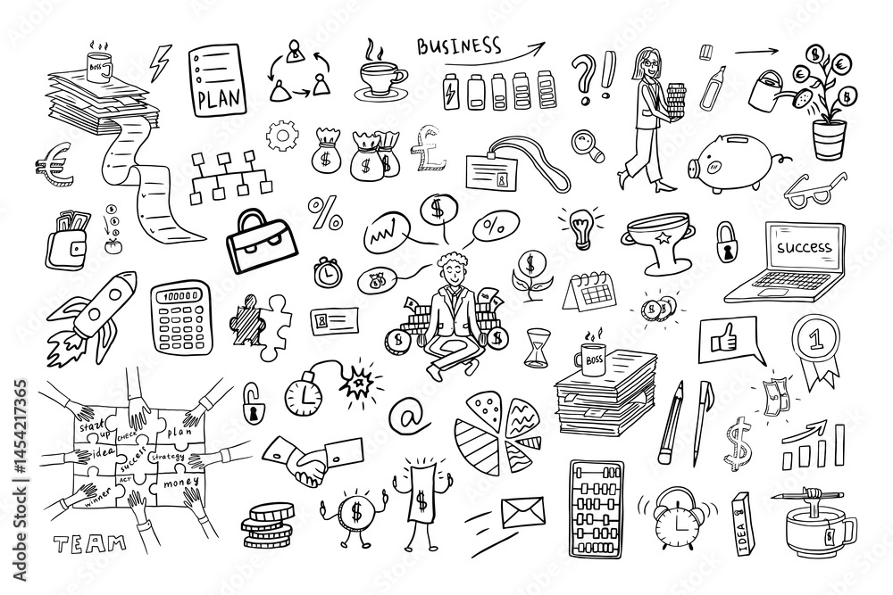 Set of business elements. Vector illustration of happy business people, success, start-up, team, good idea. Great for banner, posters, cards, stickers and professional design. Hand drawn Set of business elements. Vector illustration of happy business people, success, start-up, team, good idea. Great for banner, posters, cards, stickers and professional design. Hand drawn