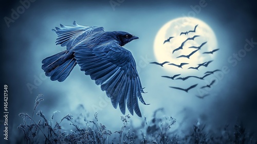 A raven soaring across a moonlit sky, with a flock of birds in flight. A scene of night and mystery