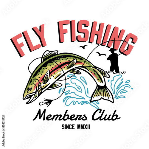 Hand-drawn fly fishing graphic. Vector fish illustration. Perfect for t-shirt prints, posters, stickers, and other uses.