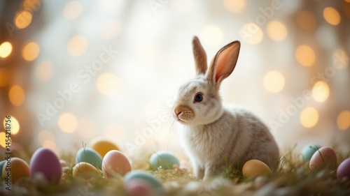 Easter Baby Spring Background with Bunny and Bokeh Lights