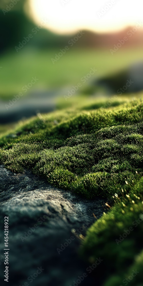 Moss-covered rock under natural sunlight on a serene morning Moss-covered rock under natural sunlight on a serene morning