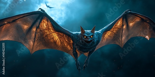 A scary bat with glowing eyes soars through the night sky. The wings have an orange glow. Another bat flies above