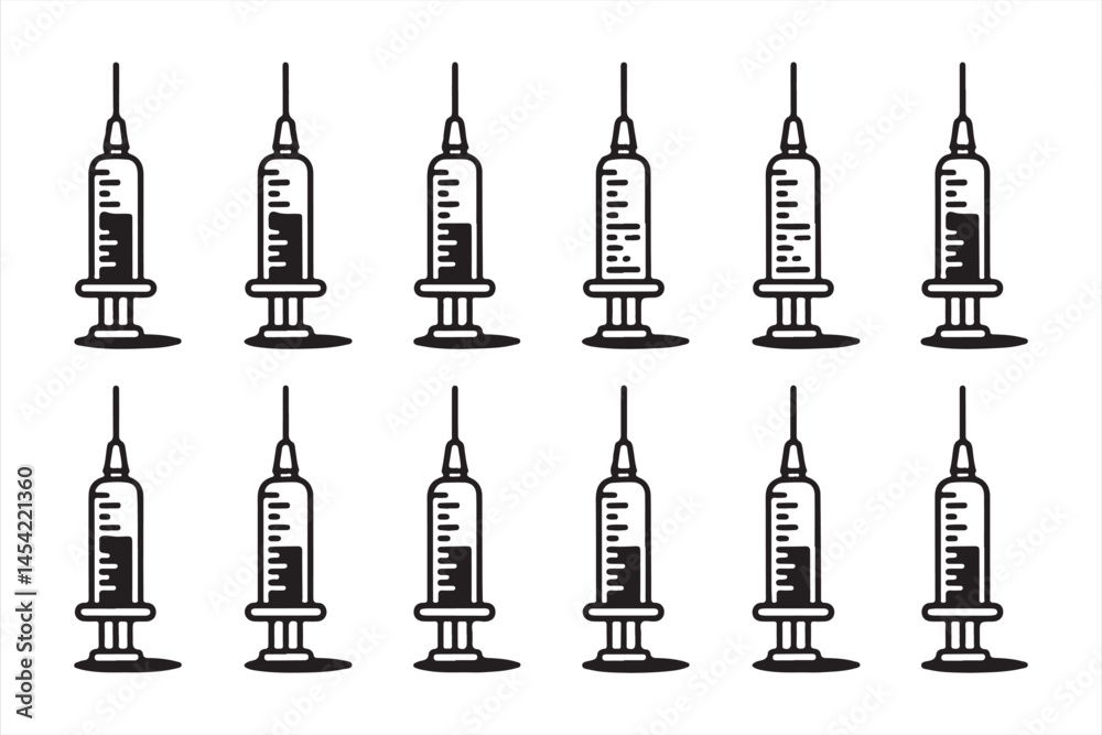 Collection of Medical Syringes in Black Outline for Vaccination and Treatment Collection of Medical Syringes in Black Outline for Vaccination and Treatment