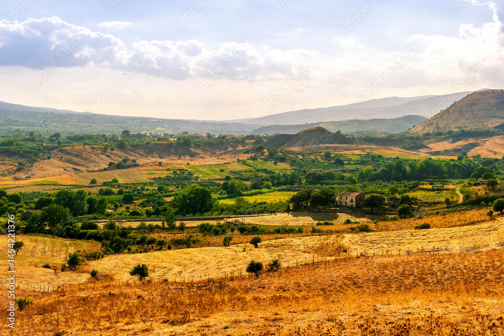 panoramic farmland view of yellow field with sceniv valley , mountains and amazing cloudt sunset panoramic farmland view of yellow field with sceniv valley , mountains and amazing cloudt sunset