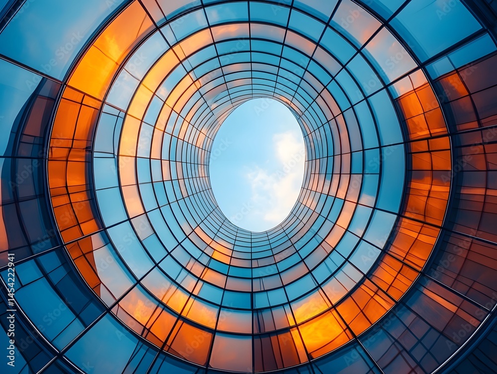 Naklejka premium Vibrant angular glass building under a clear blue sky