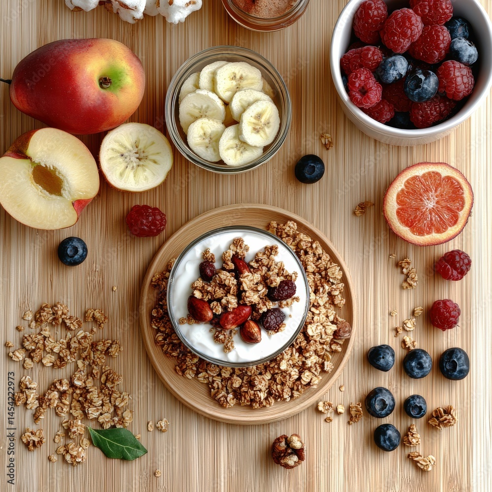 Healthy breakfast spread with yogurt, fruits, and granola Healthy breakfast spread with yogurt, fruits, and granola