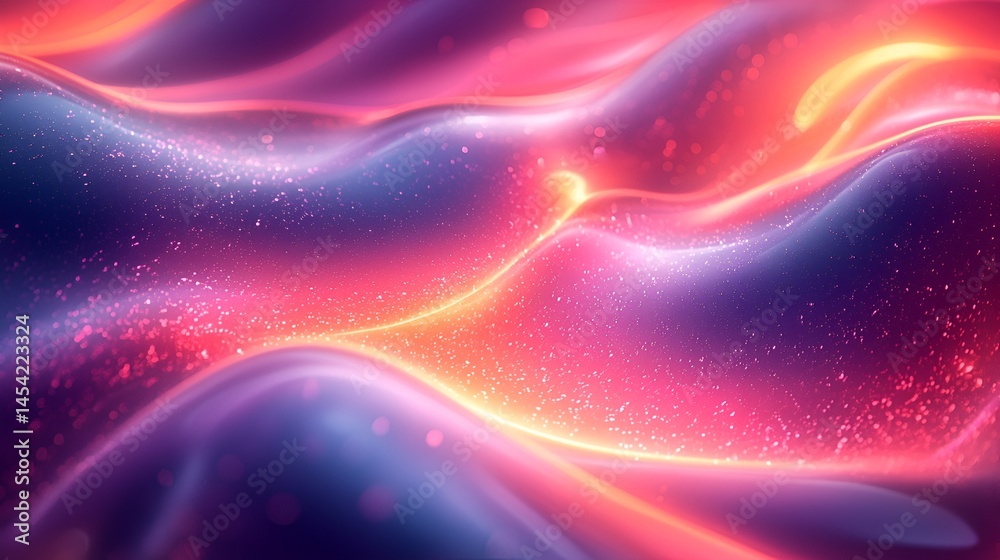 Obraz premium Abstract glowing waves with vibrant pink, orange, and blue hues, shimmering particles.