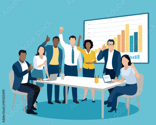 Successful team. Group of seven colleagues showing thumbs up gesture and celebrating success. Vector flat style illustration.
