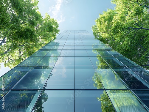 A futuristic eco friendly glass building surrounded by solar trees under a clear sky