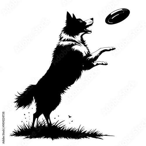 dog catching frisbee black color vector 