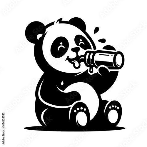 panda drinking beer bottle black color flat white background logotype