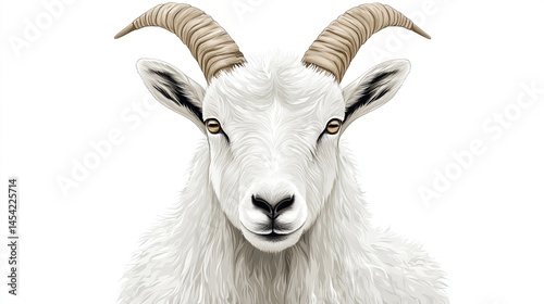 Detailed illustration of a white goat's head.  Fluffy white coat, prominent horns, and expressive eyes