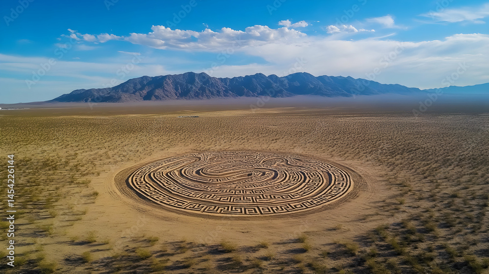 Aerial view of a labyrinth circle amidst the desert landscape with mountain background Aerial view of a labyrinth circle amidst the desert landscape with mountain background