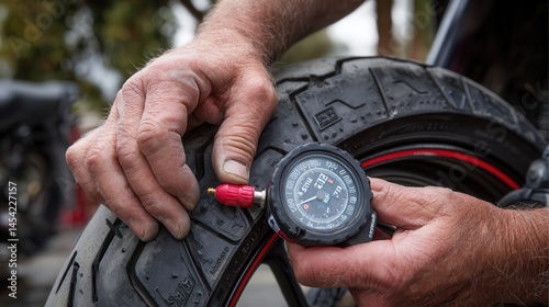 Mechanic checking tires air pressure Checking tire pressure with a gauge on a motorcycle tire.