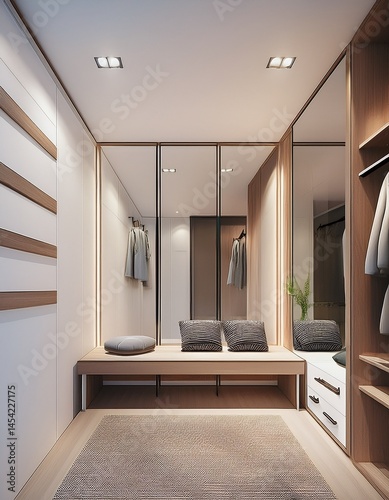 Moderne Garderobe mit Sitzbank und Spiegelwand