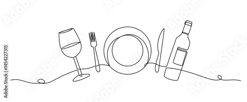 dinner concept continuous single line drawing  plate  fork  knife  wine glass and bottle line art vector illustration