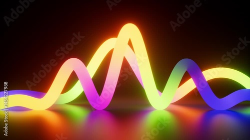 cycled 3d animation of a multicolored neon waved lines, glowing in the dark and reflected in a mirrored floor. Retro futuristic sound equalizer. Abstract motion design of sliding gradient ribbons