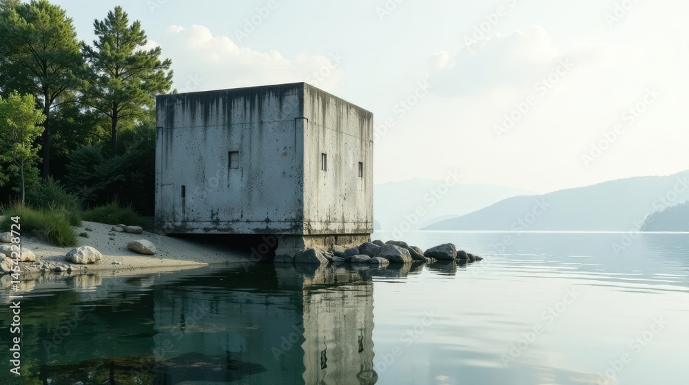 A solitary concrete structure, perched on pilings near a tranquil lake shore, reflects in the still water, framed by a serene landscape of trees and distant hills. A solitary concrete structure, perched on pilings near a tranquil lake shore, reflects in the still water, framed by a serene landscape of trees and distant hills.
