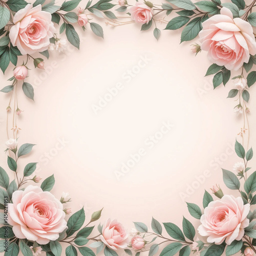 Decorative square frame with pink roses and foliage, ideal for romantic and festive designs.