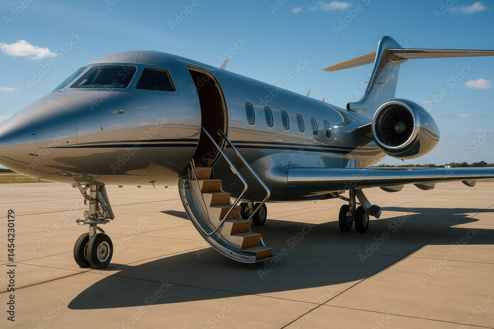 Fototapeta premium Sleek luxury private jet parked on runway under clear blue sky, generative AI