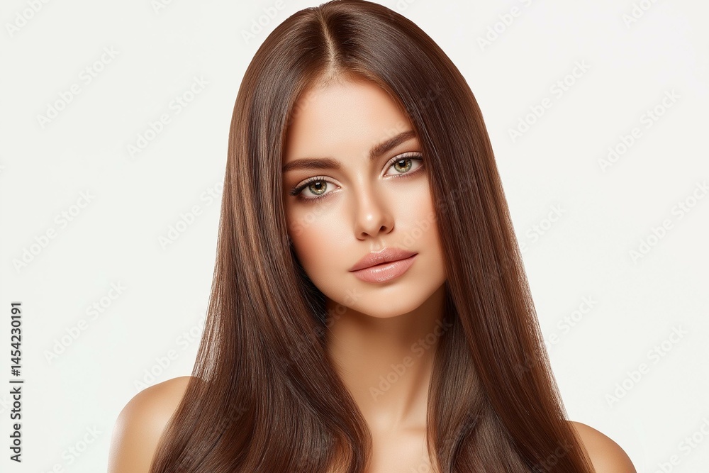 Portrait of a beautiful woman with long, flowing hair and a natural makeup look. Portrait of a beautiful woman with long, flowing hair and a natural makeup look.