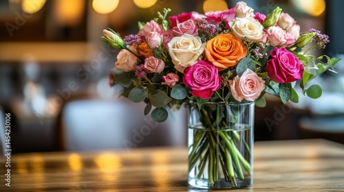 Colorful rose bouquet restaurant table