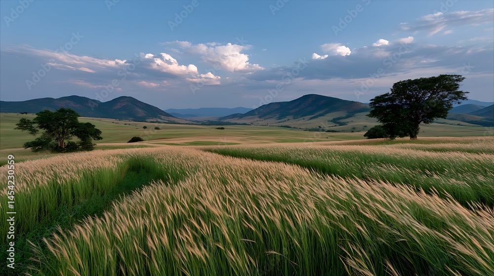 Fototapeta premium Serene Sunset Wheat Field Rolling Hills Landscape.