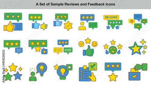 Reviews and Feedback Icons Set Stars, Thumbs Up, Checklist, Lightbulb in Flat Style