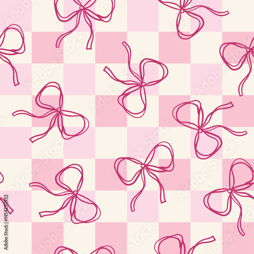 Pink checkerboard bows coquette design - seamless textile pattern