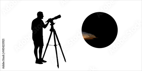 Silhouette of a man using a telescope to observe a celestial body simple black and white graphic