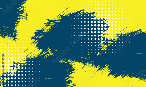 Grungy halftone background with bold blue brush strokes over a vibrant yellow canvas, featuring scattered white dots. Perfect for edgy design or artistic projects.